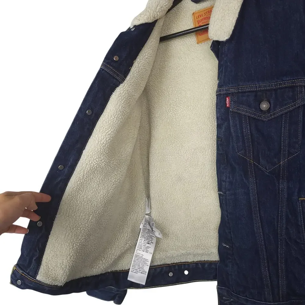Vintage Levi's Men's Sherpa Lined Denim Trucker Jacket M Dark Wash Blue EUC - Picture 4 of 11